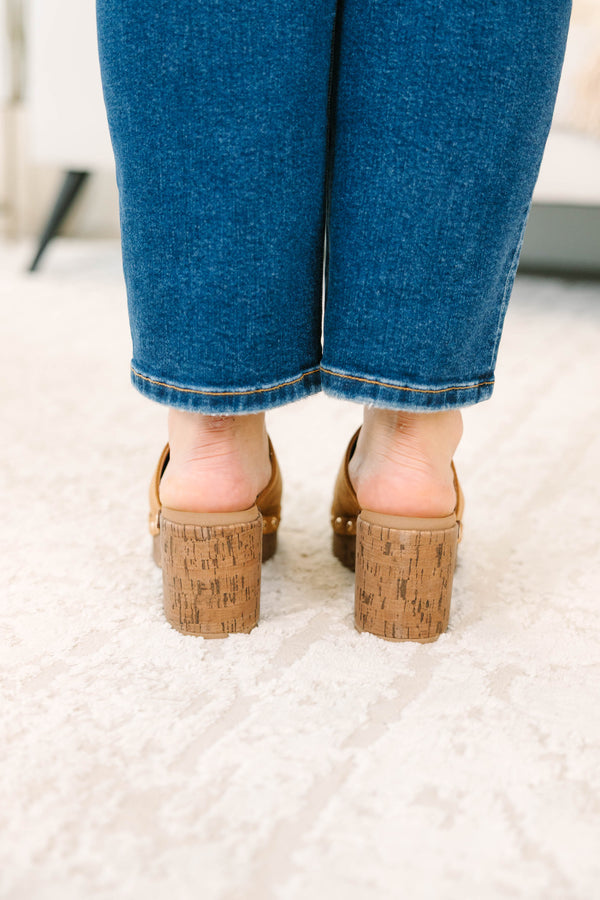 Plus Size camel open-toe mule heels with a cork platform, studded trim, and center-seam detail.