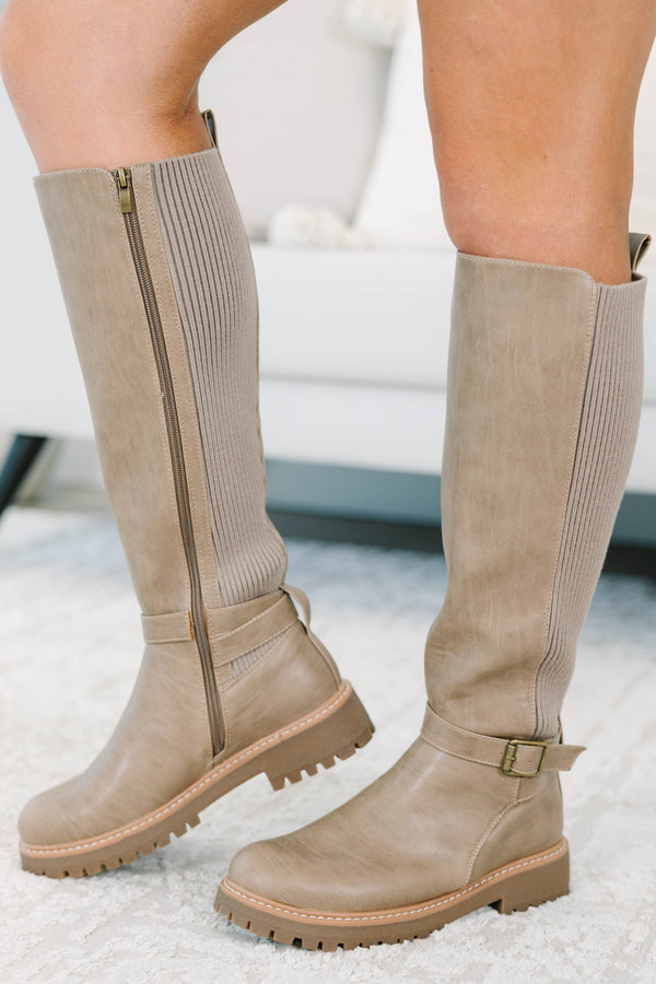 Corky's Walking Tall Boots in taupe with a stretchy ribbed back panel and lug sole for plus sizes.