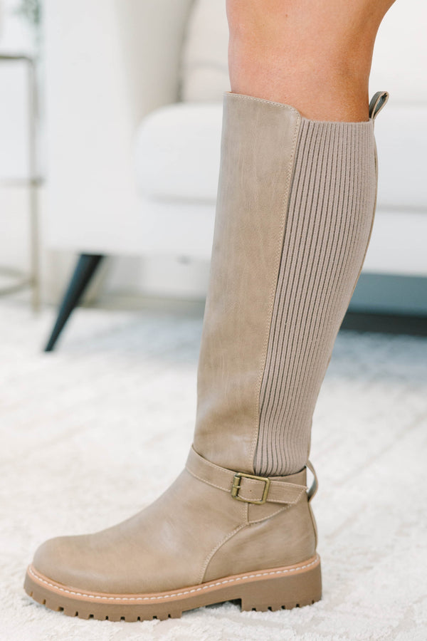Corky's Walking Tall Boots in taupe with a stretchy ribbed back panel and lug sole for plus sizes.