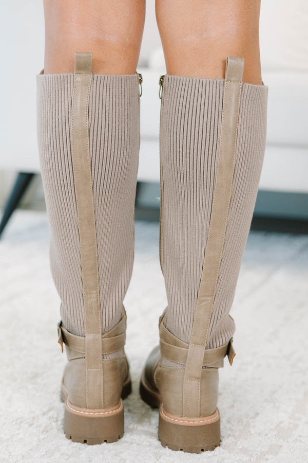 Corky's Walking Tall Boots in taupe with a stretchy ribbed back panel and lug sole for plus sizes.