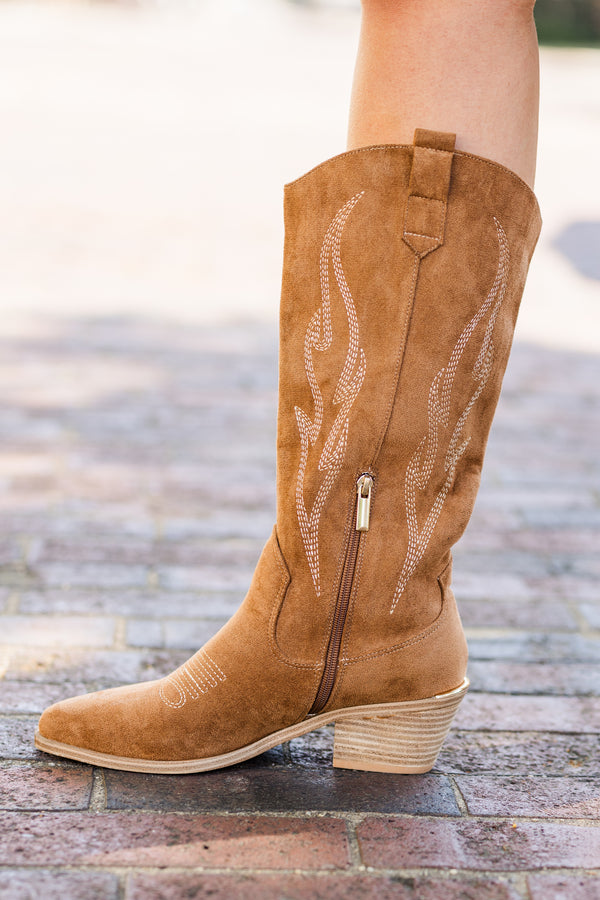 Chic Soul plus size clothing, tobacco tan suede calf height cowboy boots with pointed toe and white stitching with wood block heel with zipper on the side