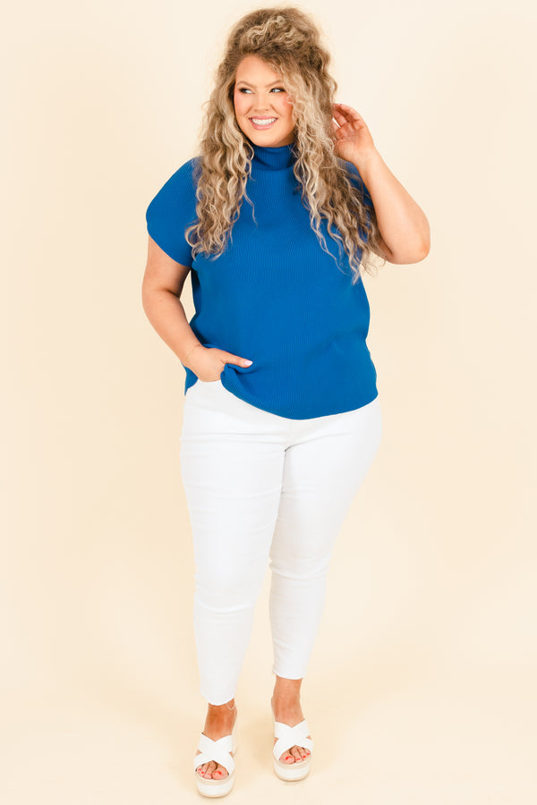 Chic Soul plus size clothing, royal blue ribbed top with a high neckline