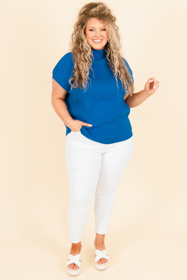 Chic Soul plus size clothing, royal blue ribbed top with a high neckline