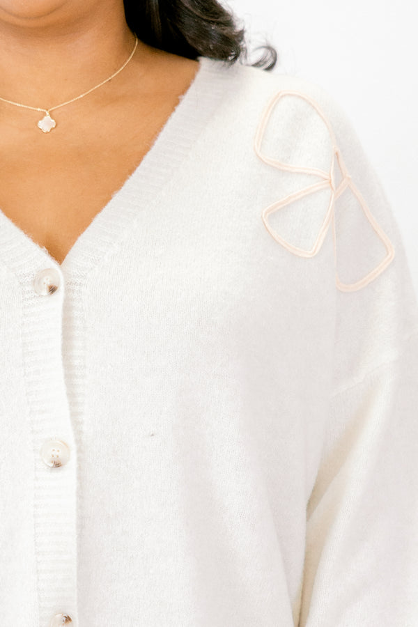 Chic Soul plus size clothing, cream button up cardigan with bow shape embroidered in several spots