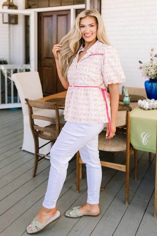 Chic Soul plus size clothing, ivory puff short sleeve top with pink floral print and pink accent waist tie