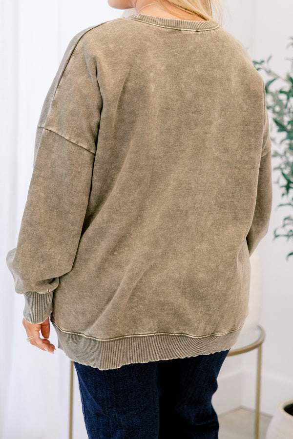 Chic Soul plus size clothing, dark olive long sleeve crewneck pullover with band at the waist and wrists