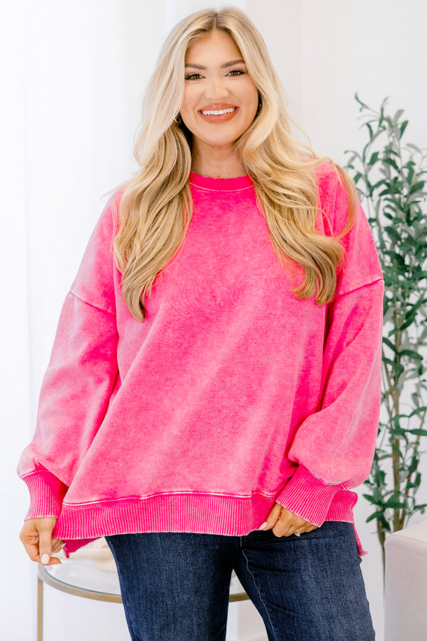 Chic Soul plus size clothing, long-sleeve hot pink acid wash crewneck pullover