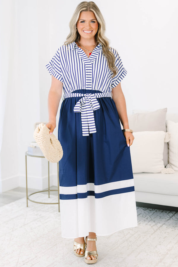 Plus Size blue and white striped collared dress with a belted waist and wide color-block hem.