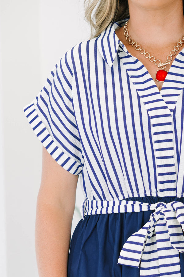 Plus Size blue and white striped collared dress with a belted waist and wide color-block hem.
