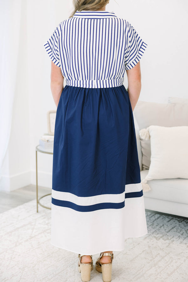 Plus Size blue and white striped collared dress with a belted waist and wide color-block hem.