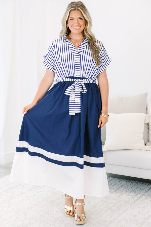 Plus Size blue and white striped collared dress with a belted waist and wide color-block hem.