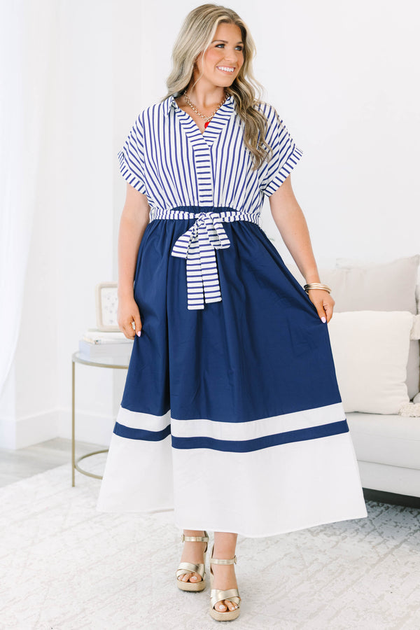 Plus Size blue and white striped collared dress with a belted waist and wide color-block hem.