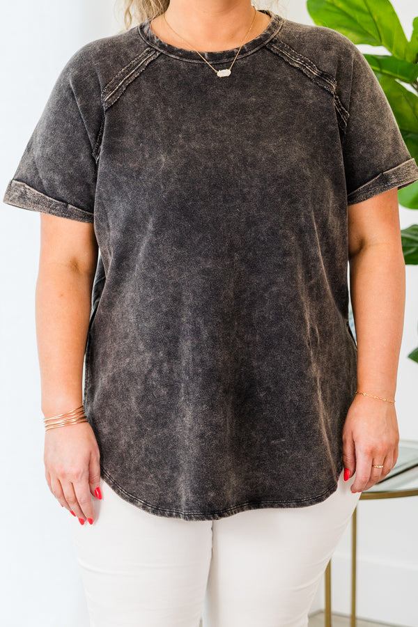Chic Soul plus size clothing, ash black short sleeve tee with cuff sleeves and raised stitching