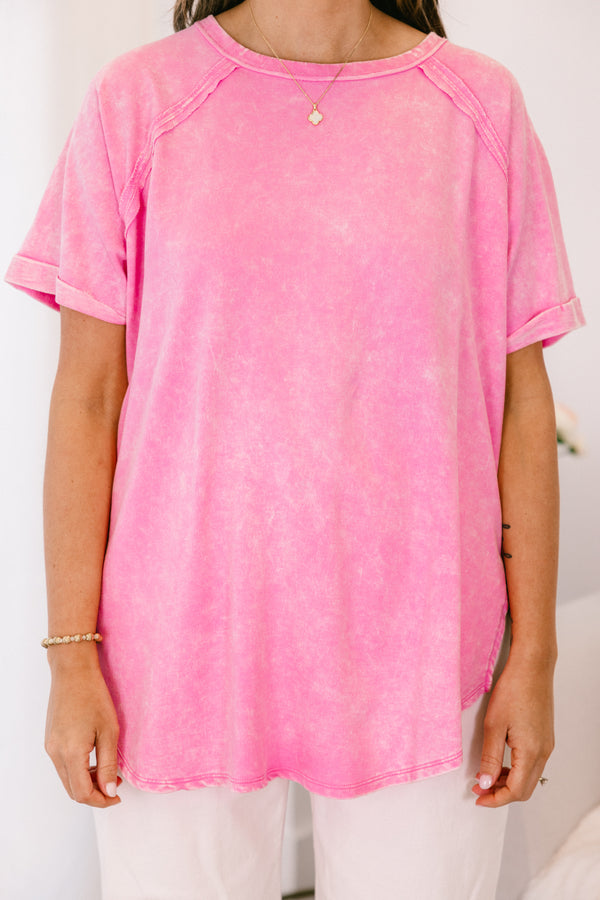 Chic Soul plus size clothing, candy pink short sleeve acid wash tee with round neckline and cuff sleeves