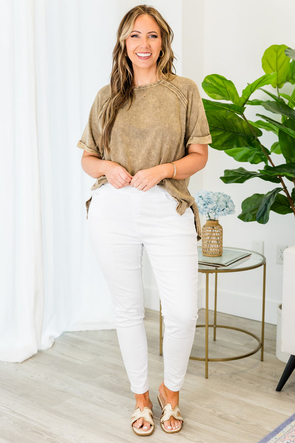 Chic Soul plus size clothing, mocha short sleeve top with side slit and cuffed sleeves