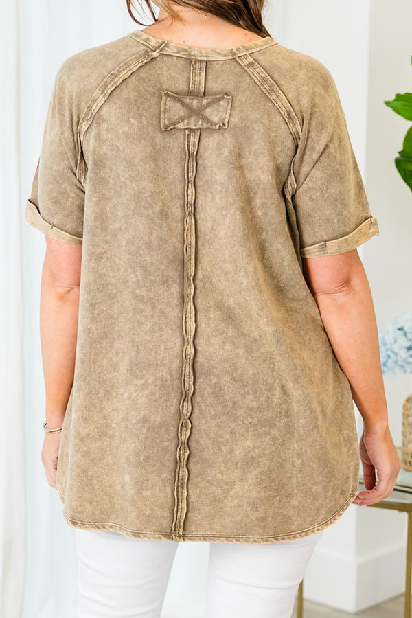 Chic Soul plus size clothing, mocha short sleeve top with side slit and cuffed sleeves