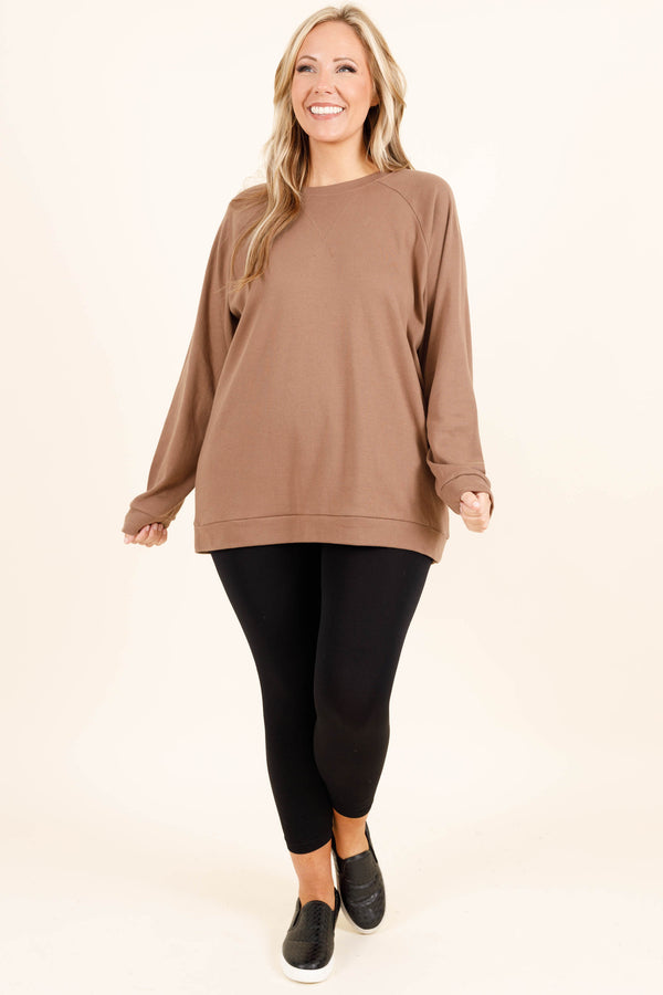 Chic Soul plus size clothing, mocha crewneck sweatshirt with exposed hem