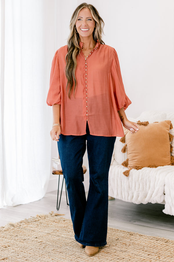 Chic Soul plus size clothing, rust button up long sleeves top with bubble sleeves 