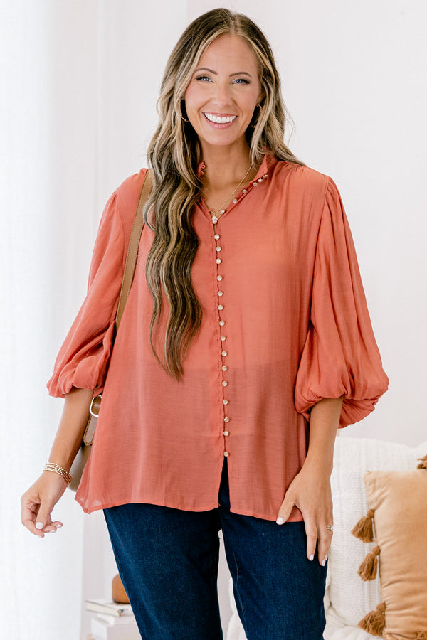 Chic Soul plus size clothing, rust button up long sleeves top with bubble sleeves 