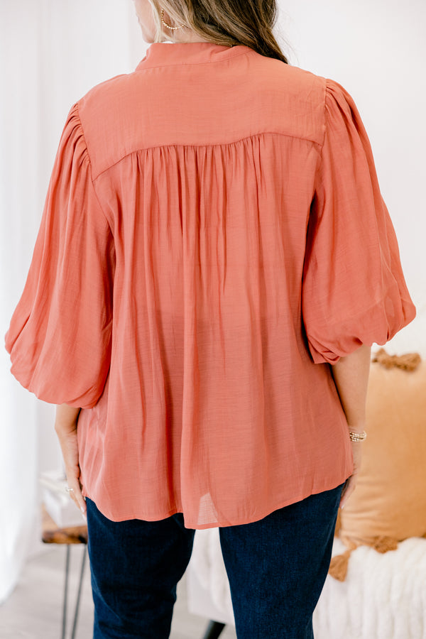 Chic Soul plus size clothing, rust button up long sleeves top with bubble sleeves 
