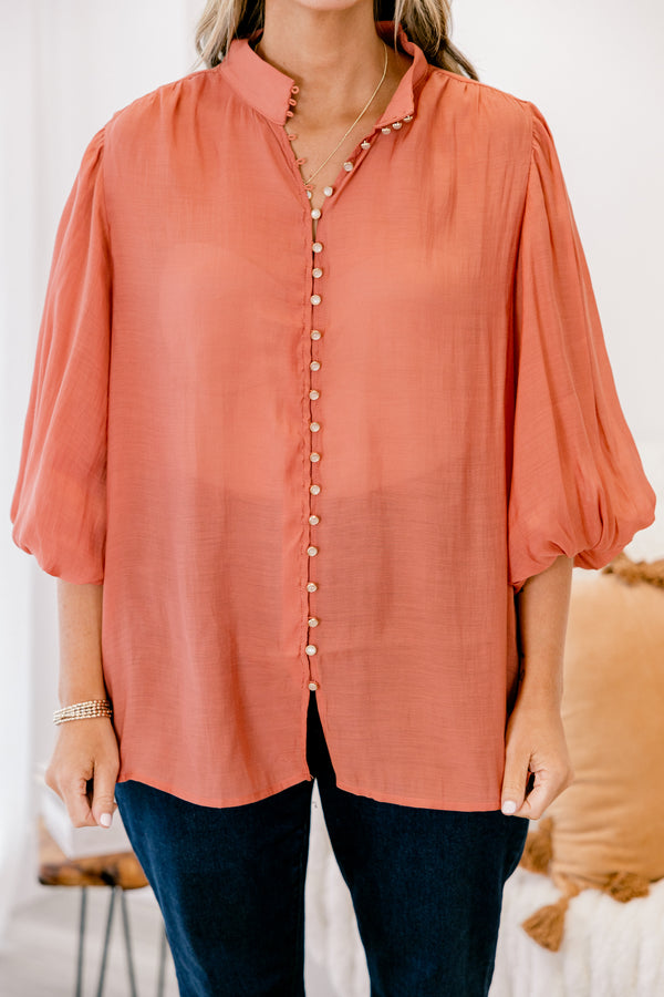 Chic Soul plus size clothing, rust button up long sleeves top with bubble sleeves 