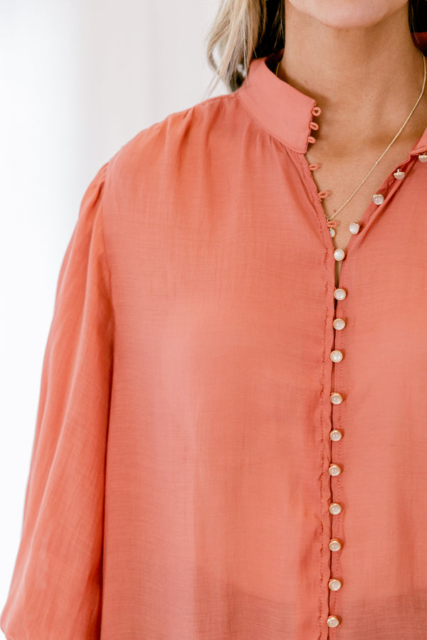 Chic Soul plus size clothing, rust button up long sleeves top with bubble sleeves 