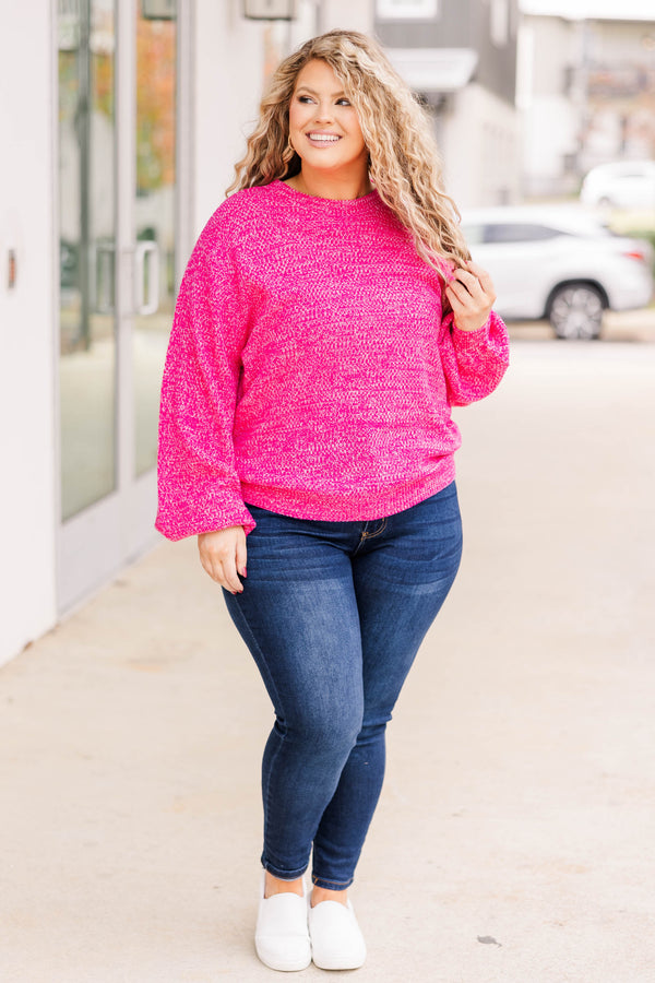 Chic Soul plus size clothing, hot pink bubble sleeve sweater with round neck
