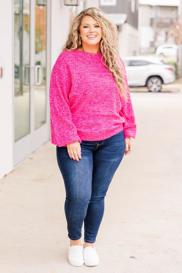 Chic Soul plus size clothing, hot pink bubble sleeve sweater with round neck