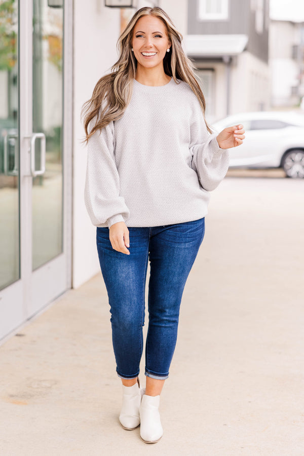 Chic Soul plus size clothing, silver colored bubble sleeve sweater, textured, warm, and cozy