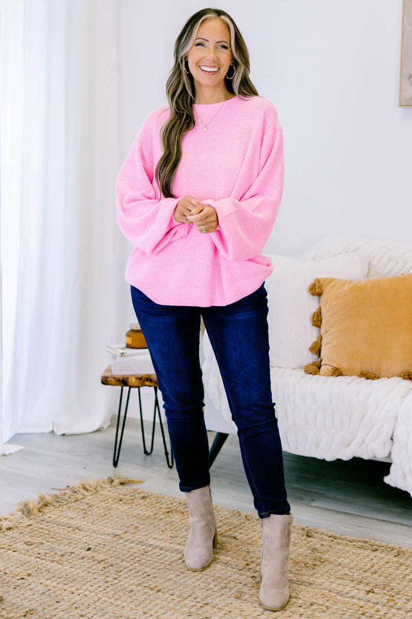 Chic Soul plus size clothing, Light pink colored bubble sleeve sweater, textured, warm, and cozy
