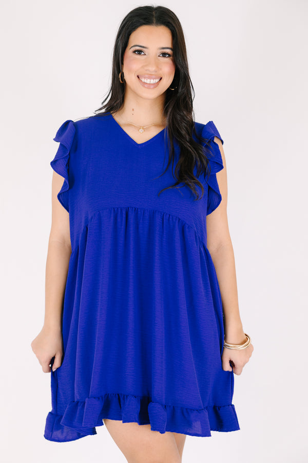 Chic Soul plus size clothing, royal blue v neck short flutter sleeve casual babydoll dress