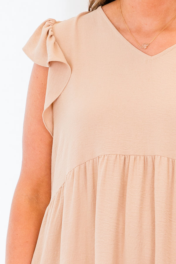 Chic Soul plus size clothing, short flutter sleeve taupe baby doll dress with ruffles and v-neckline