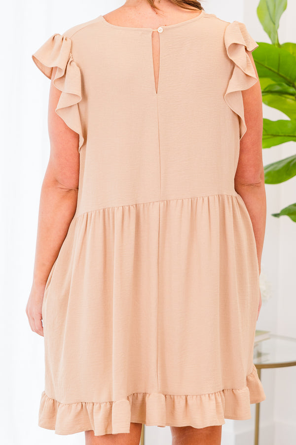 Chic Soul plus size clothing, short flutter sleeve taupe baby doll dress with ruffles and v-neckline