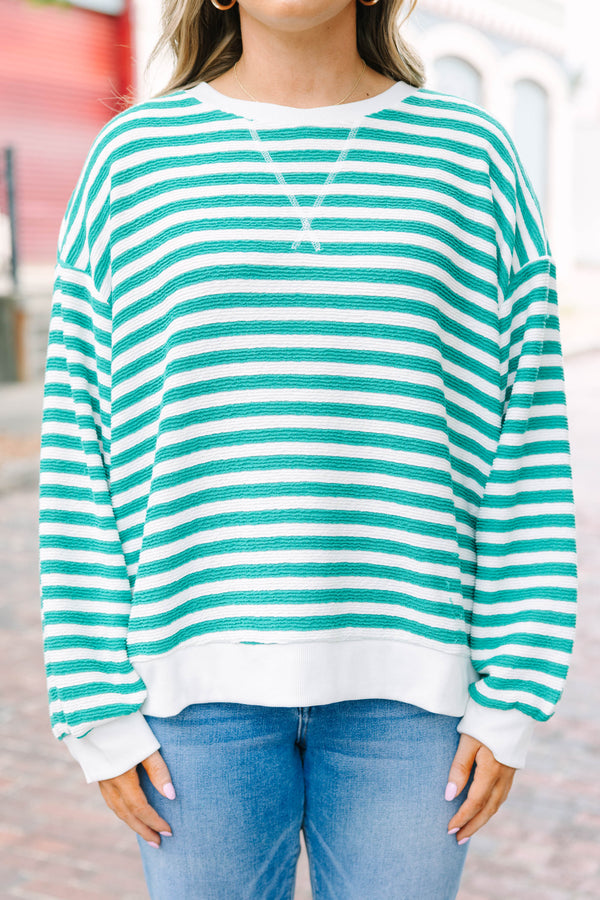 Plus Size kelly green and white striped pullover with a crew neck and textured fabric.