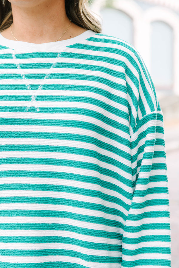 Plus Size kelly green and white striped pullover with a crew neck and textured fabric.