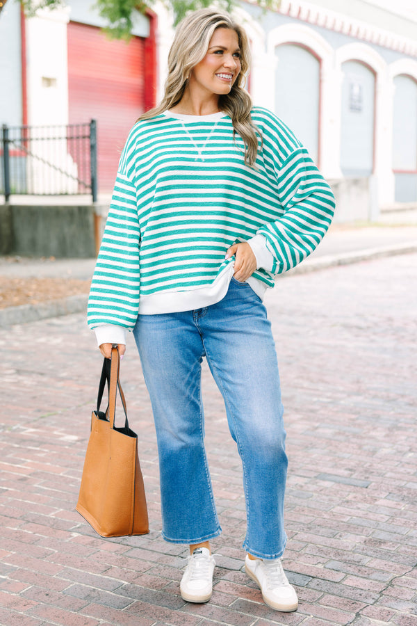 Plus Size kelly green and white striped pullover with a crew neck and textured fabric.