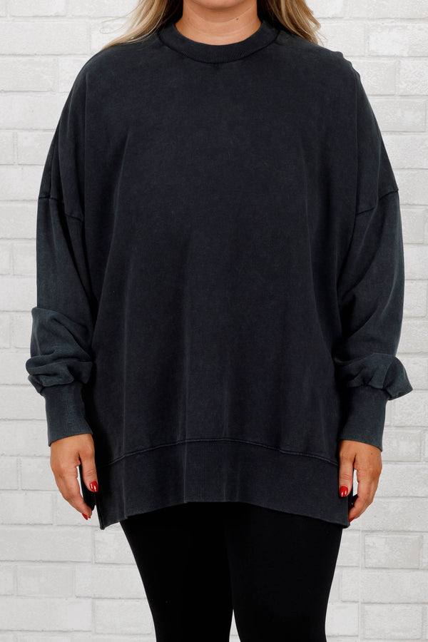 Chic Soul plus size clothing, black acid wash pullover with a banded hem