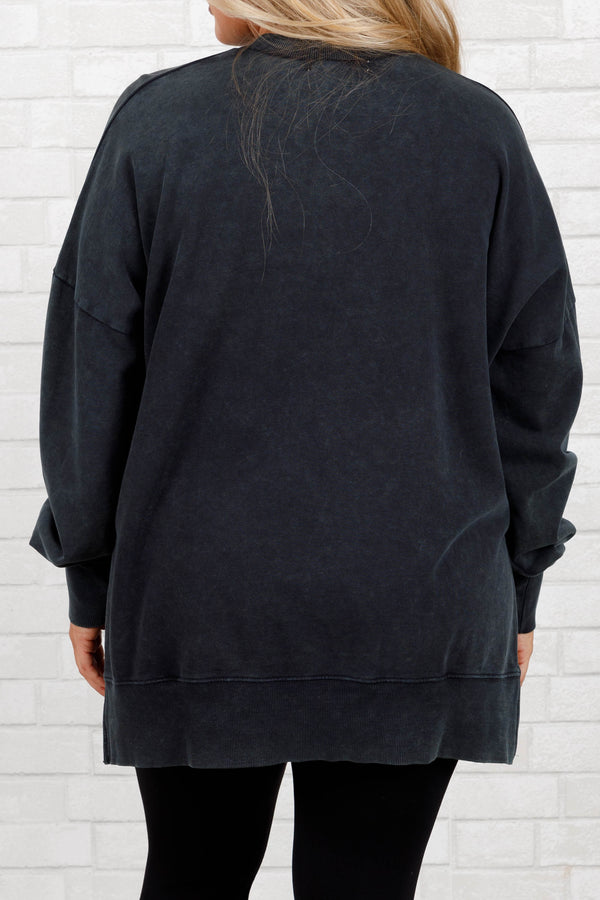 Chic Soul plus size clothing, black acid wash pullover with a banded hem