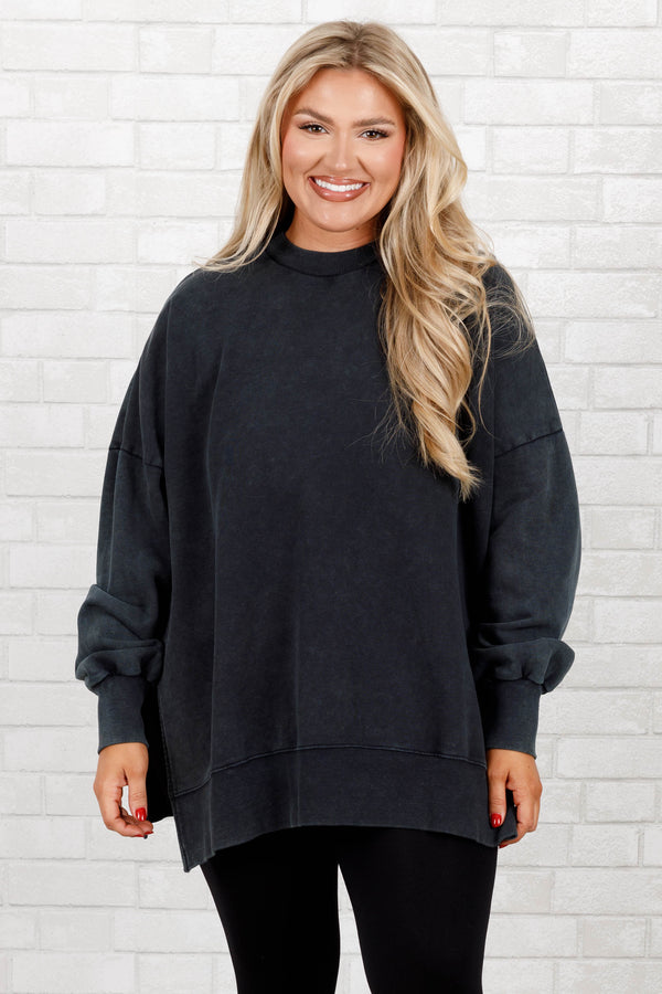 Chic Soul plus size clothing, black acid wash pullover with a banded hem