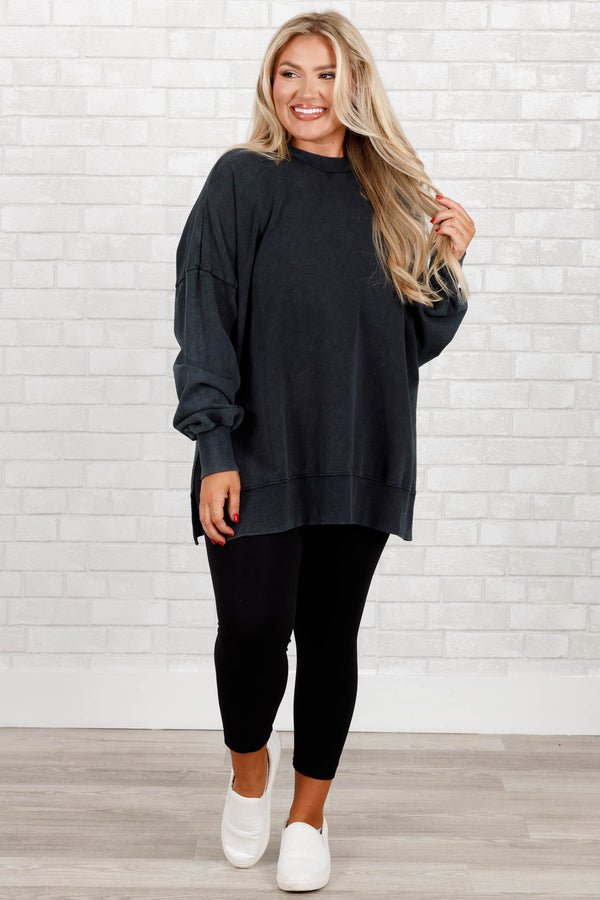Chic Soul plus size clothing, black acid wash pullover with a banded hem