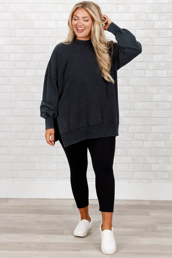 Chic Soul plus size clothing, black acid wash pullover with a banded hem