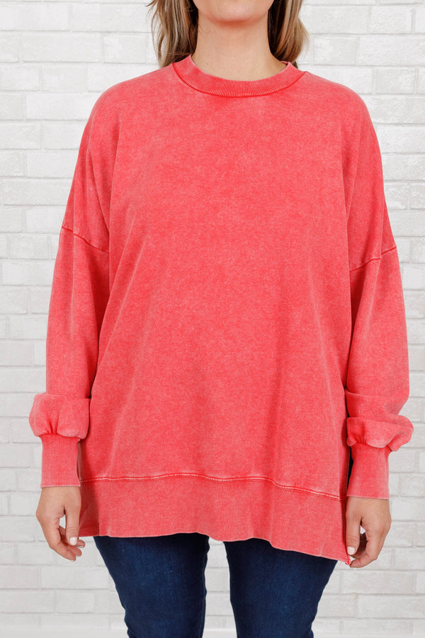 Chic Soul plus size clothing, ruby red colored crewneck pullover with slits on the side and tunic length