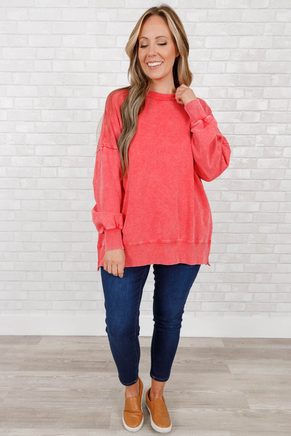 Chic Soul plus size clothing, ruby red colored crewneck pullover with slits on the side and tunic length