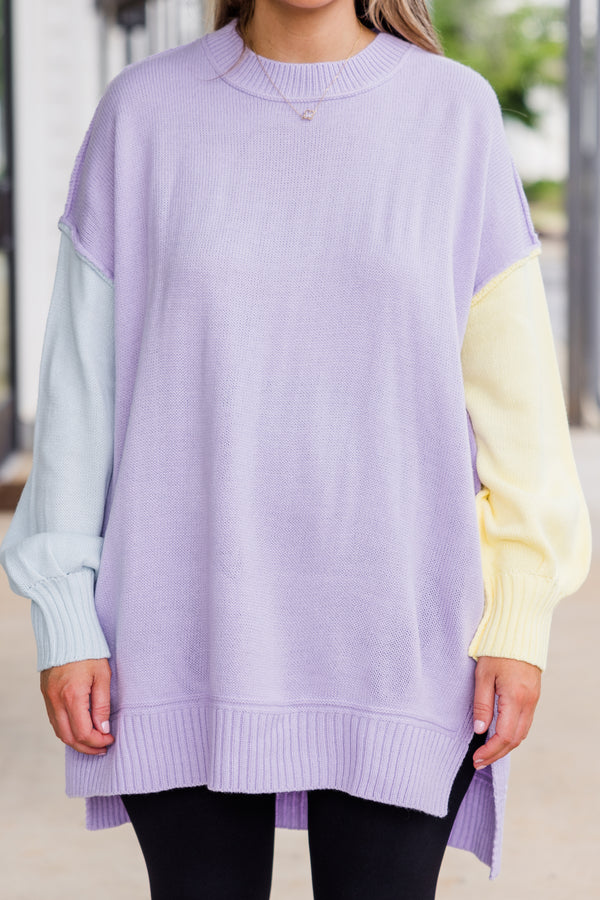 Chic Soul plus size clothing, long-sleeve lavender multi-colored sweater with one sleeve pale blue and one sleeve pale yellow with distressed stitching