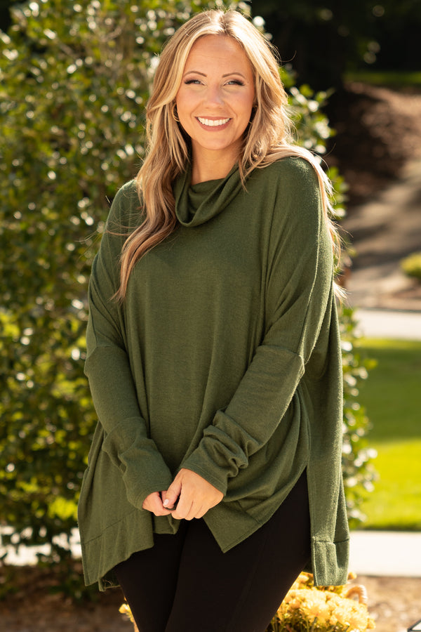 Chic Soul plus size clothing, olive green cowl neck top with slits on the side