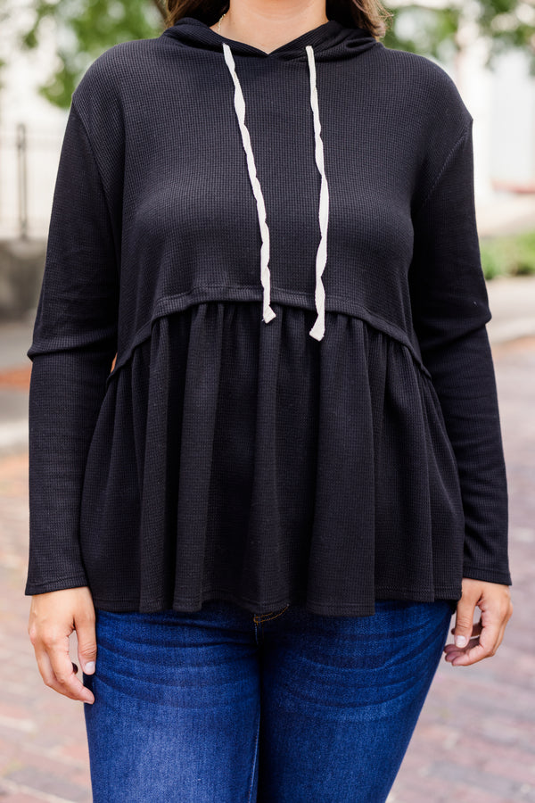 Chic Soul plus size clothing, black long sleeve babydoll style drawstring hoodie with ruffle detail