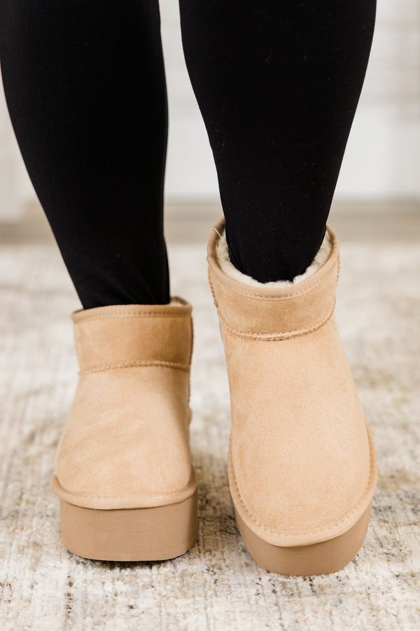 Chic Soul plus size clothing, cozy faux suede oatmeal tan ankle-length booties with slight wedge and fur lining