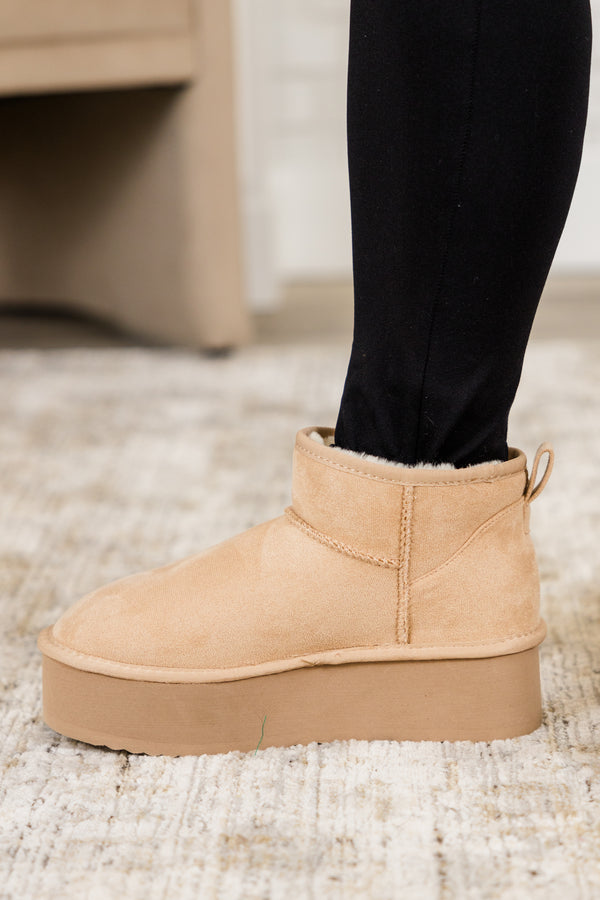 Chic Soul plus size clothing, cozy faux suede oatmeal tan ankle-length booties with slight wedge and fur lining