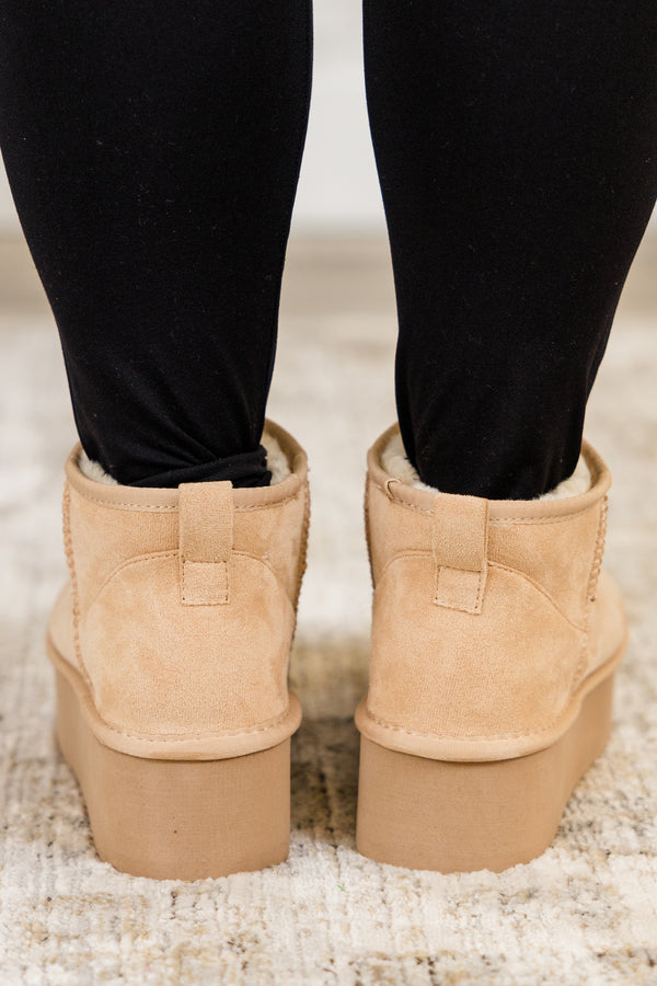 Chic Soul plus size clothing, cozy faux suede oatmeal tan ankle-length booties with slight wedge and fur lining