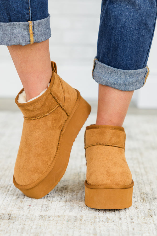 Chic Soul plus size clothing, tan mini platform booties with sherpa
